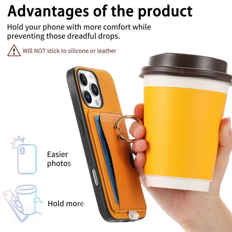 Para Iphone 16 Pro Max Case Ring Leather+TPU+PC Telep Sporter de Tarjeta 2-en-1 Desestimable - Naranja