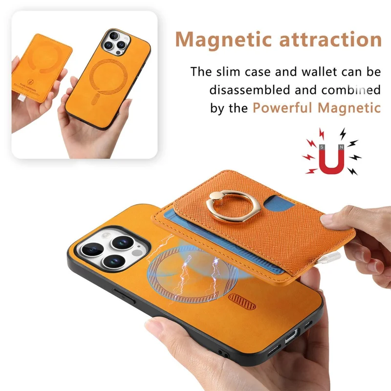 Para Iphone 16 Pro Max Case Ring Leather+TPU+PC Telep Sporter de Tarjeta 2-en-1 Desestimable - Naranja