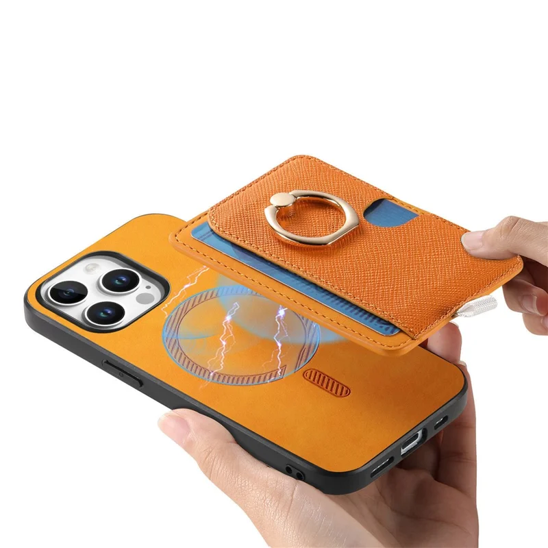 Para Iphone 16 Pro Max Case Ring Leather+TPU+PC Telep Sporter de Tarjeta 2-en-1 Desestimable - Naranja
