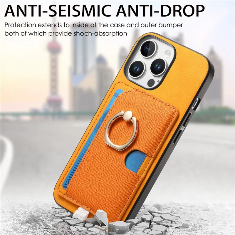 Para Iphone 16 Pro Max Case Ring Leather+TPU+PC Telep Sporter de Tarjeta 2-en-1 Desestimable - Naranja