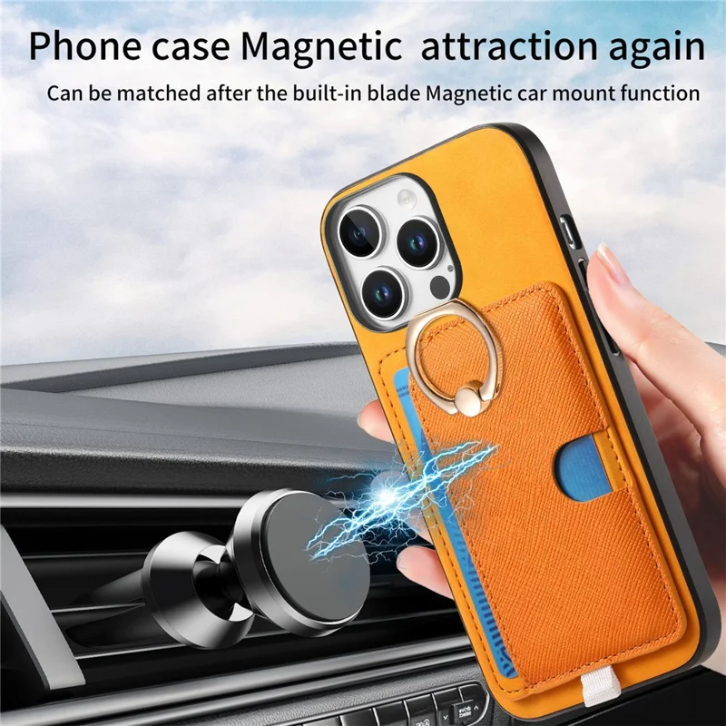Para Iphone 16 Pro Max Case Ring Leather+TPU+PC Telep Sporter de Tarjeta 2-en-1 Desestimable - Naranja