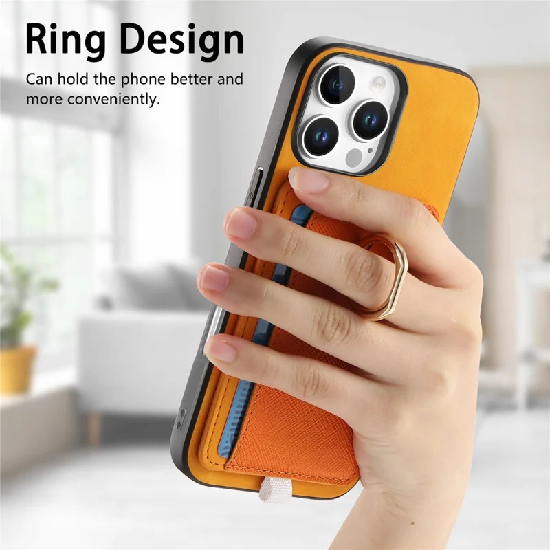 Para Iphone 16 Pro Max Case Ring Leather+TPU+PC Telep Sporter de Tarjeta 2-en-1 Desestimable - Naranja