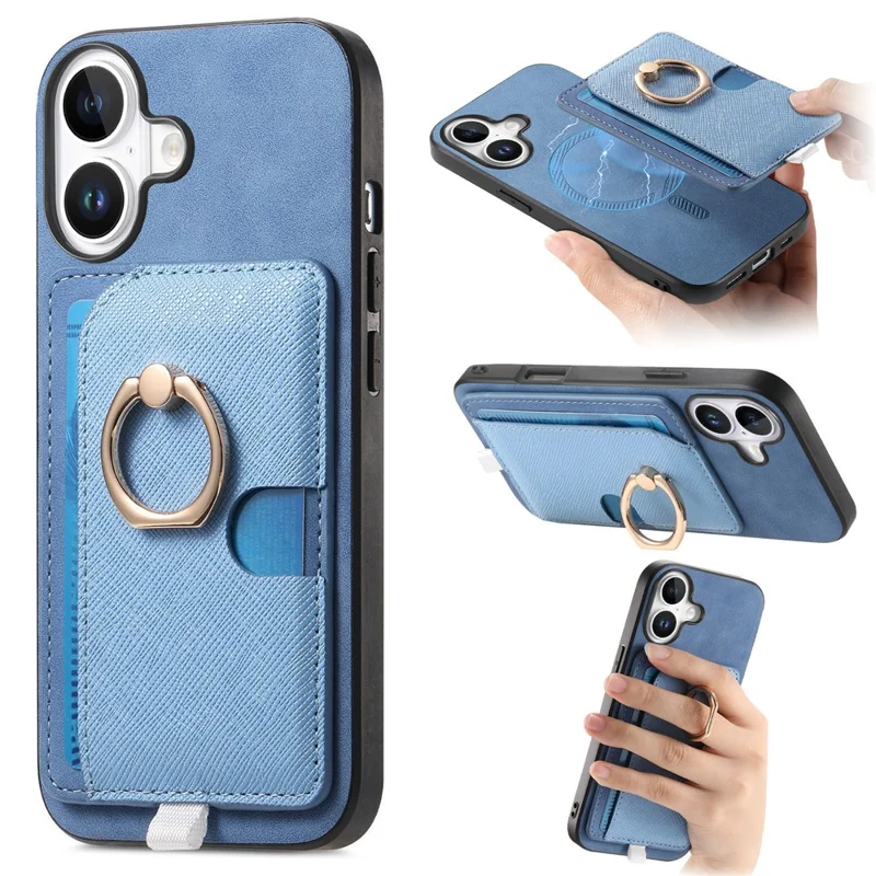 For iPhone 16 Plus Case Ring Kickstand Leather+TPU+PC Phone Cover Detachable 2-in-1 Card Holder - Blue