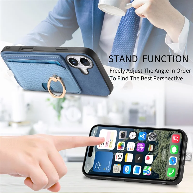 For iPhone 16 Plus Case Ring Kickstand Leather+TPU+PC Phone Cover Detachable 2-in-1 Card Holder - Blue