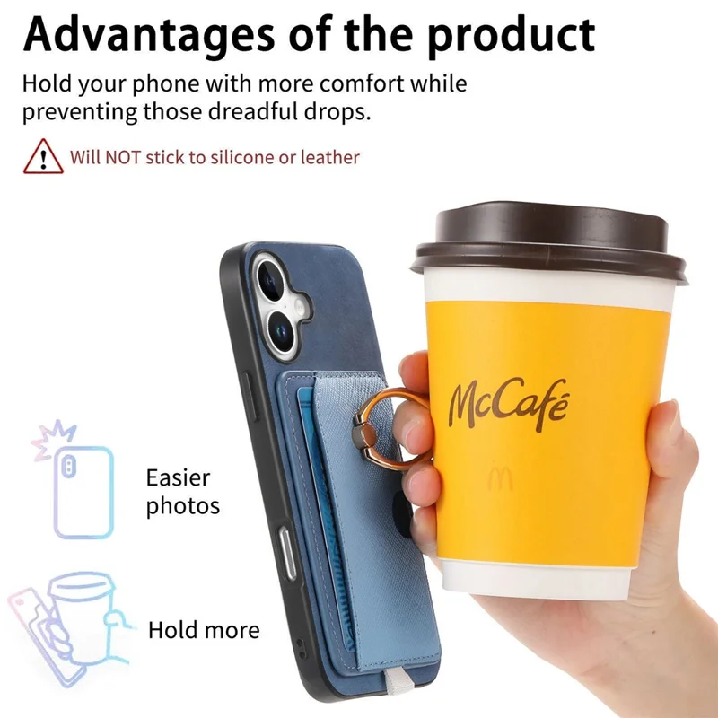 For iPhone 16 Plus Case Ring Kickstand Leather+TPU+PC Phone Cover Detachable 2-in-1 Card Holder - Blue