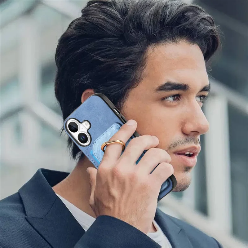 For iPhone 16 Plus Case Ring Kickstand Leather+TPU+PC Phone Cover Detachable 2-in-1 Card Holder - Blue