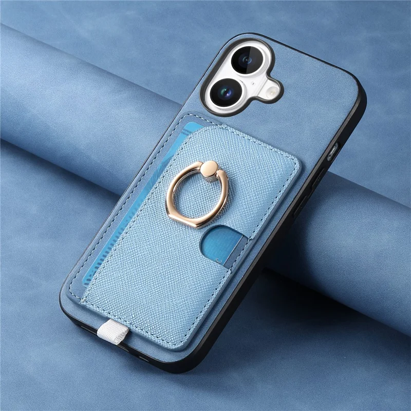 For iPhone 16 Plus Case Ring Kickstand Leather+TPU+PC Phone Cover Detachable 2-in-1 Card Holder - Blue