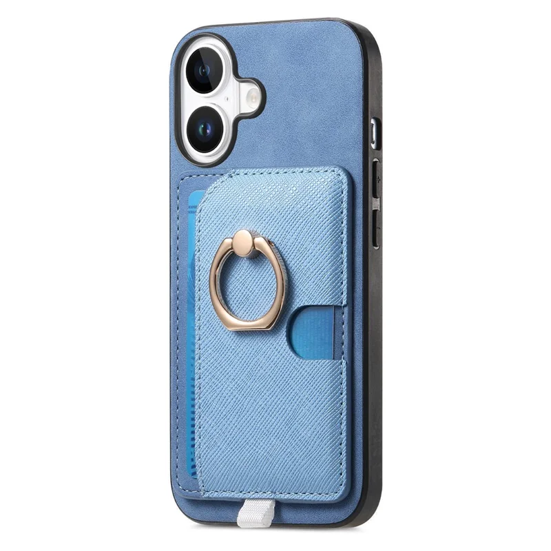 For iPhone 16 Plus Case Ring Kickstand Leather+TPU+PC Phone Cover Detachable 2-in-1 Card Holder - Blue