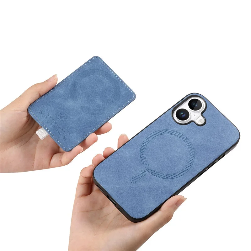 For iPhone 16 Plus Case Ring Kickstand Leather+TPU+PC Phone Cover Detachable 2-in-1 Card Holder - Blue