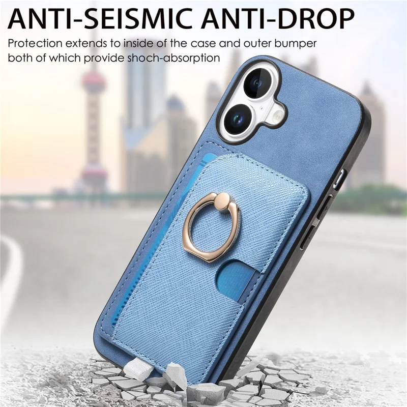 For iPhone 16 Plus Case Ring Kickstand Leather+TPU+PC Phone Cover Detachable 2-in-1 Card Holder - Blue