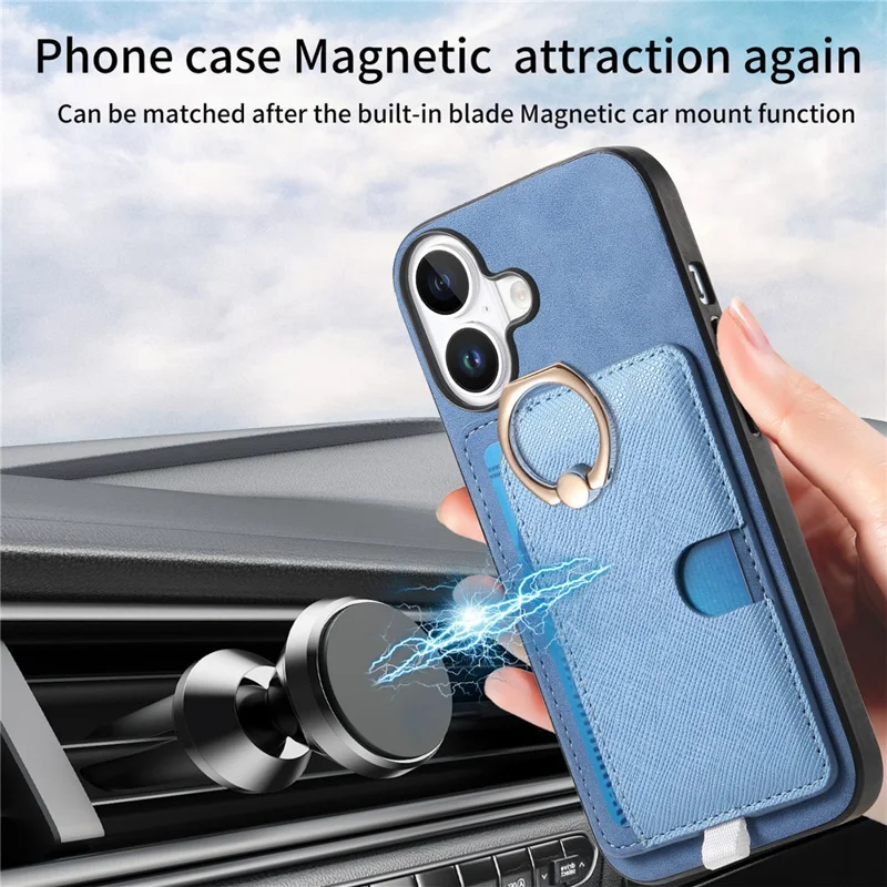 For iPhone 16 Plus Case Ring Kickstand Leather+TPU+PC Phone Cover Detachable 2-in-1 Card Holder - Blue