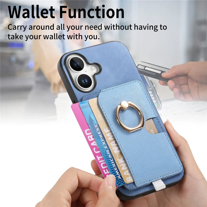 For iPhone 16 Plus Case Ring Kickstand Leather+TPU+PC Phone Cover Detachable 2-in-1 Card Holder - Blue