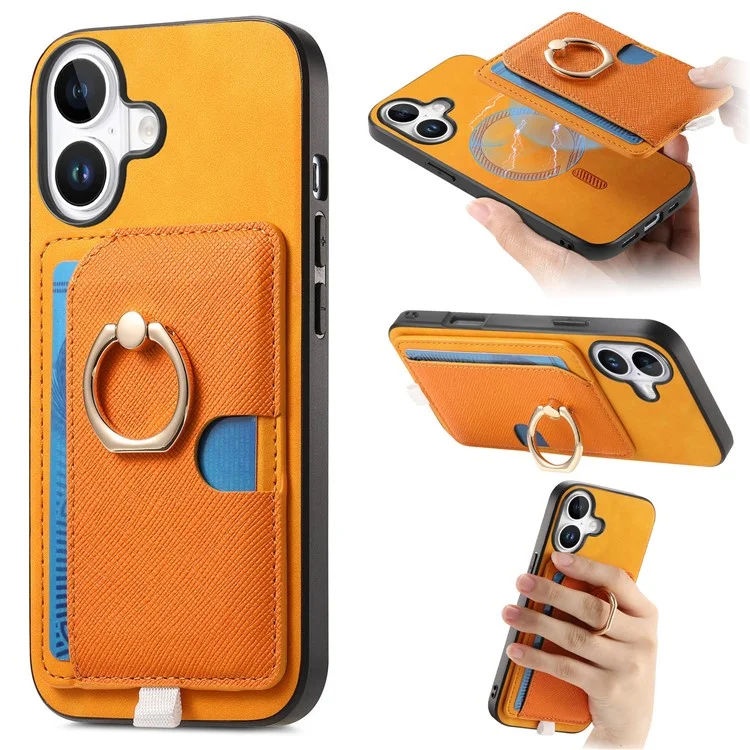 Para Iphone 16 Case Ring Kickstand Leather+TPU+PC Telep Sporter de Tarjeta 2-en-1 Tapa de la Tarjeta 2-en-1 - Naranja