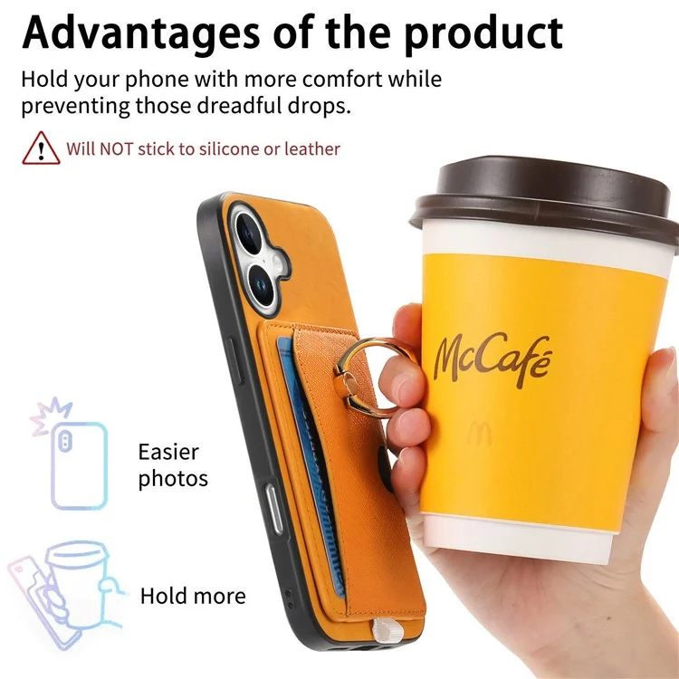 Para Iphone 16 Case Ring Kickstand Leather+TPU+PC Telep Sporter de Tarjeta 2-en-1 Tapa de la Tarjeta 2-en-1 - Naranja