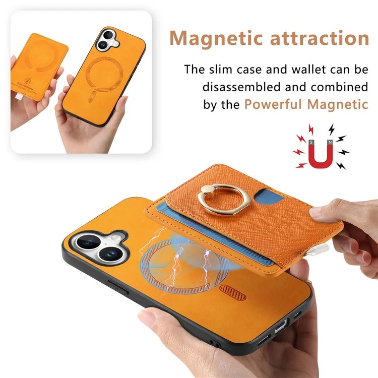 Para Iphone 16 Case Ring Kickstand Leather+TPU+PC Telep Sporter de Tarjeta 2-en-1 Tapa de la Tarjeta 2-en-1 - Naranja