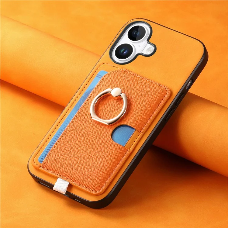 Para Iphone 16 Case Ring Kickstand Leather+TPU+PC Telep Sporter de Tarjeta 2-en-1 Tapa de la Tarjeta 2-en-1 - Naranja
