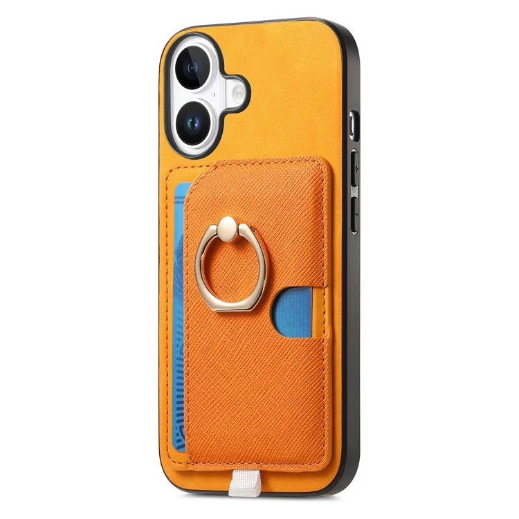 Para Iphone 16 Case Ring Kickstand Leather+TPU+PC Telep Sporter de Tarjeta 2-en-1 Tapa de la Tarjeta 2-en-1 - Naranja