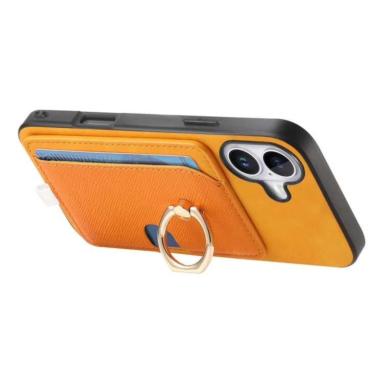 Para Iphone 16 Case Ring Kickstand Leather+TPU+PC Telep Sporter de Tarjeta 2-en-1 Tapa de la Tarjeta 2-en-1 - Naranja