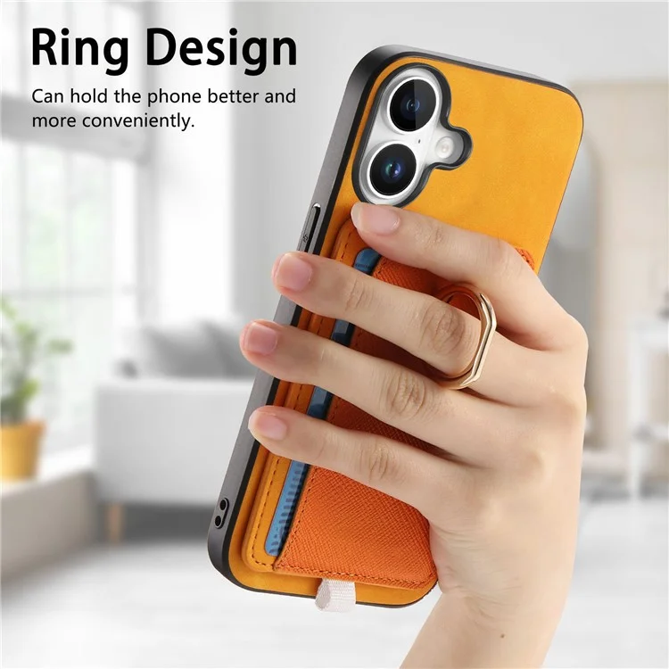 Para Iphone 16 Case Ring Kickstand Leather+TPU+PC Telep Sporter de Tarjeta 2-en-1 Tapa de la Tarjeta 2-en-1 - Naranja