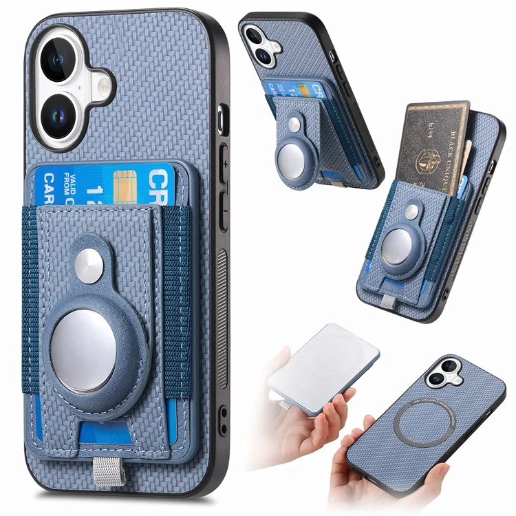 Holder for AirTag / iPhone 16 Case Detachable Card Holder Leather+TPU+PC Phone Cover - Blue