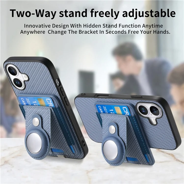 Holder for AirTag / iPhone 16 Case Detachable Card Holder Leather+TPU+PC Phone Cover - Blue