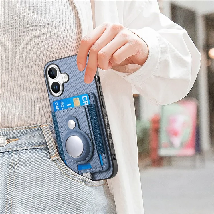 Holder for AirTag / iPhone 16 Case Detachable Card Holder Leather+TPU+PC Phone Cover - Blue
