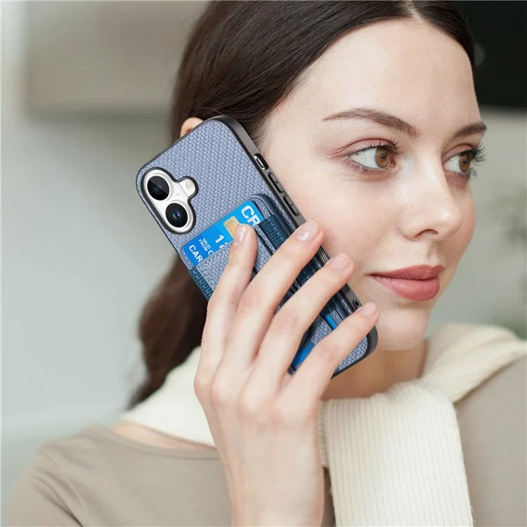 Holder for AirTag / iPhone 16 Case Detachable Card Holder Leather+TPU+PC Phone Cover - Blue