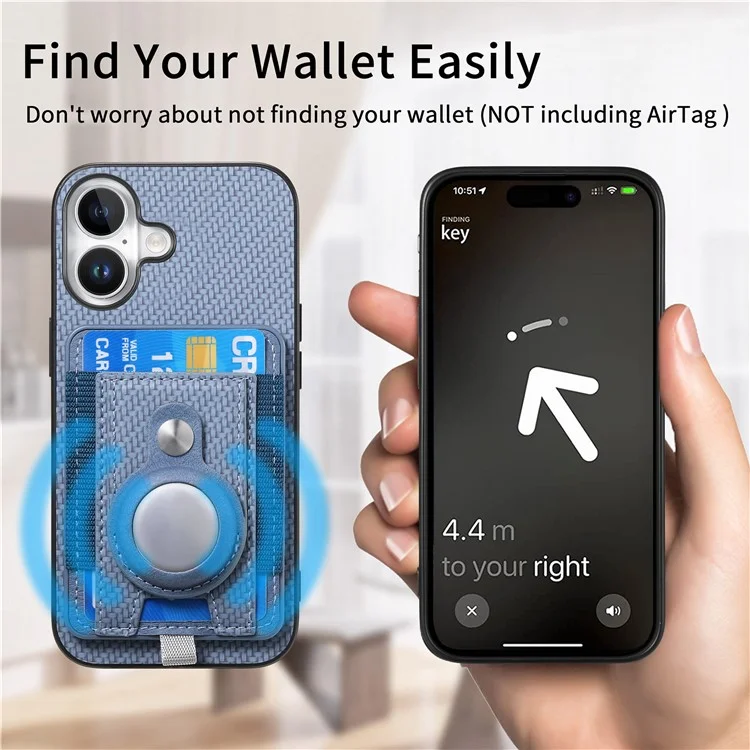 Holder for AirTag / iPhone 16 Case Detachable Card Holder Leather+TPU+PC Phone Cover - Blue