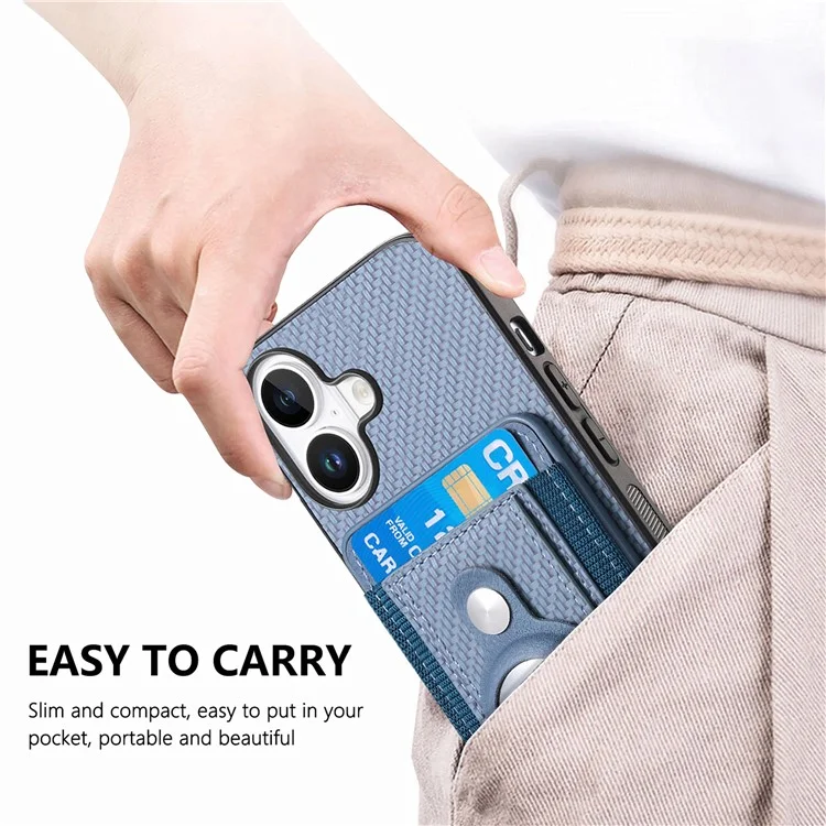 Holder for AirTag / iPhone 16 Case Detachable Card Holder Leather+TPU+PC Phone Cover - Blue