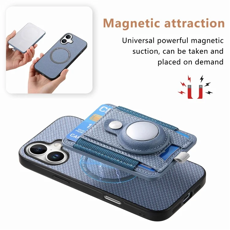 Holder for AirTag / iPhone 16 Case Detachable Card Holder Leather+TPU+PC Phone Cover - Blue