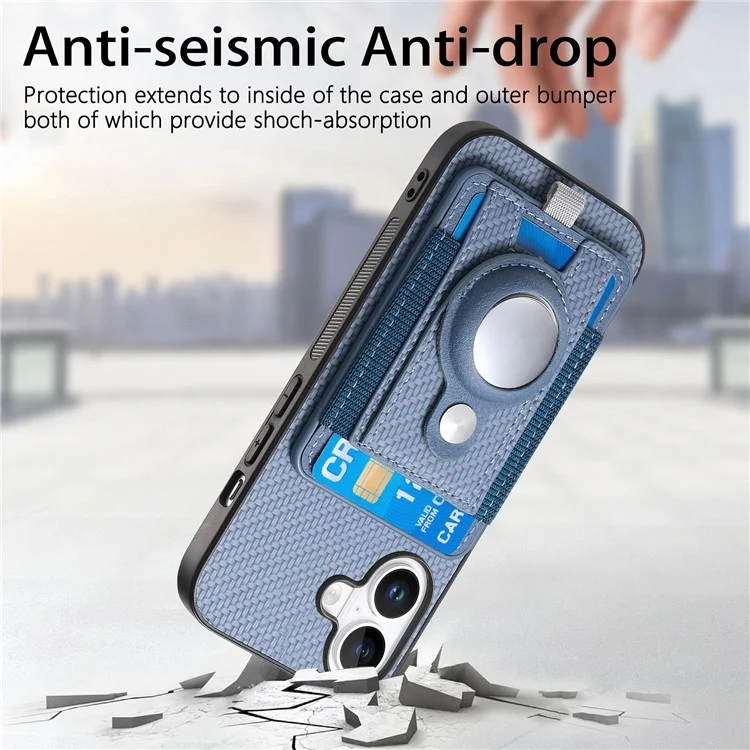 Holder for AirTag / iPhone 16 Case Detachable Card Holder Leather+TPU+PC Phone Cover - Blue