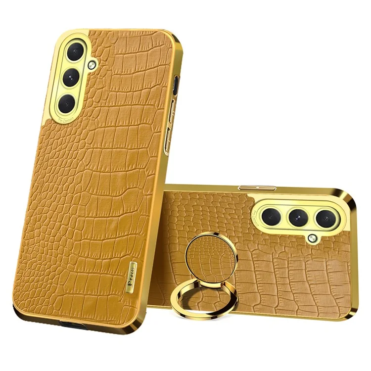 Para Samsung Galaxy S24 fe Case Ring Finger Kickstand Tpu+cuero 6D Cubierta de Teléfono de Electroplatación - Amarillo