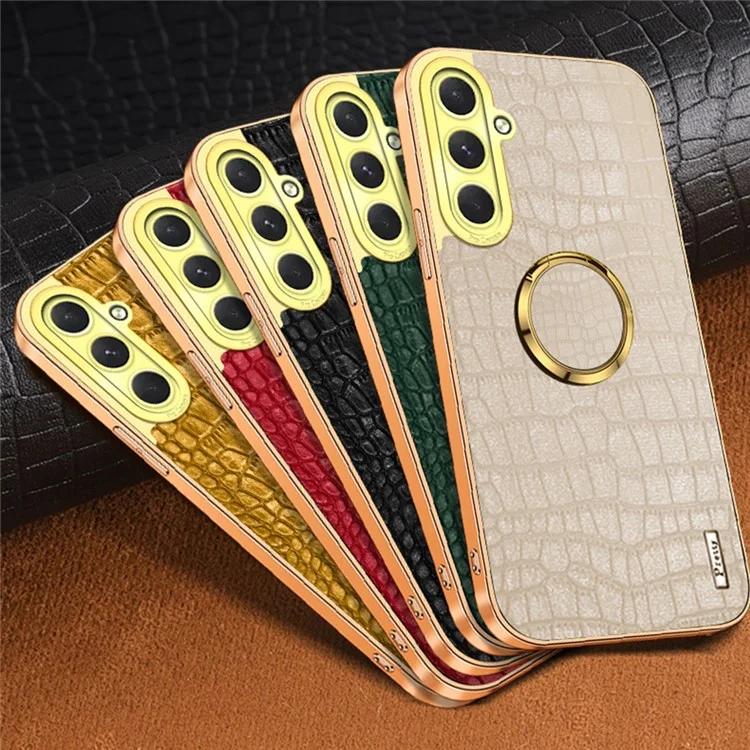 Para Samsung Galaxy S24 fe Case Ring Finger Kickstand Tpu+cuero 6D Cubierta de Teléfono de Electroplatación - Amarillo