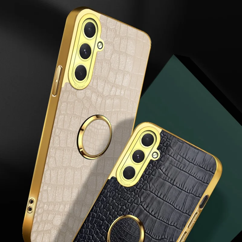 Para Samsung Galaxy S24 fe Case Ring Finger Kickstand Tpu+cuero 6D Cubierta de Teléfono de Electroplatación - Amarillo