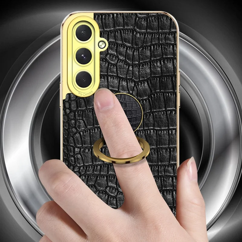 Para Samsung Galaxy S24 fe Case Ring Finger Kickstand Tpu+cuero 6D Cubierta de Teléfono de Electroplatación - Amarillo