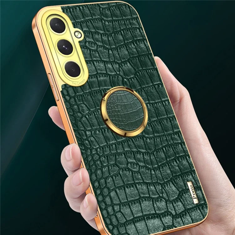 Para Samsung Galaxy S24 fe Case Ring Finger Kickstand Tpu+cuero 6D Cubierta de Teléfono de Electroplatación - Amarillo