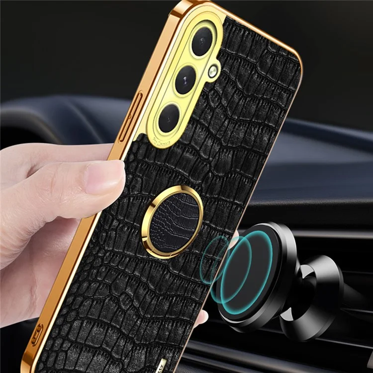 Para Samsung Galaxy S24 fe Case Ring Finger Kickstand Tpu+cuero 6D Cubierta de Teléfono de Electroplatación - Amarillo