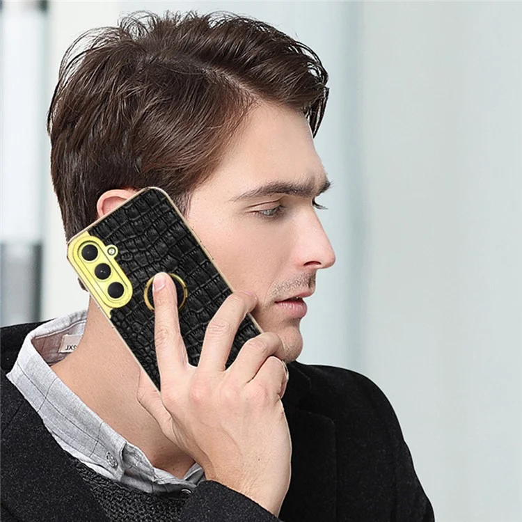 Para Samsung Galaxy S24 fe Case Ring Finger Kickstand Tpu+cuero 6D Cubierta de Teléfono de Electroplatación - Amarillo