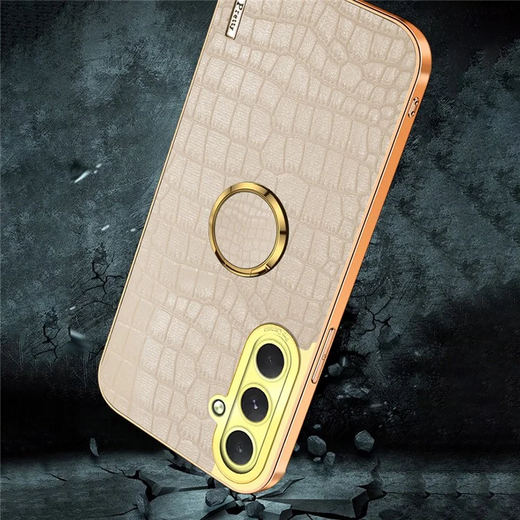 Para Samsung Galaxy S24 fe Case Ring Finger Kickstand Tpu+cuero 6D Cubierta de Teléfono de Electroplatación - Amarillo