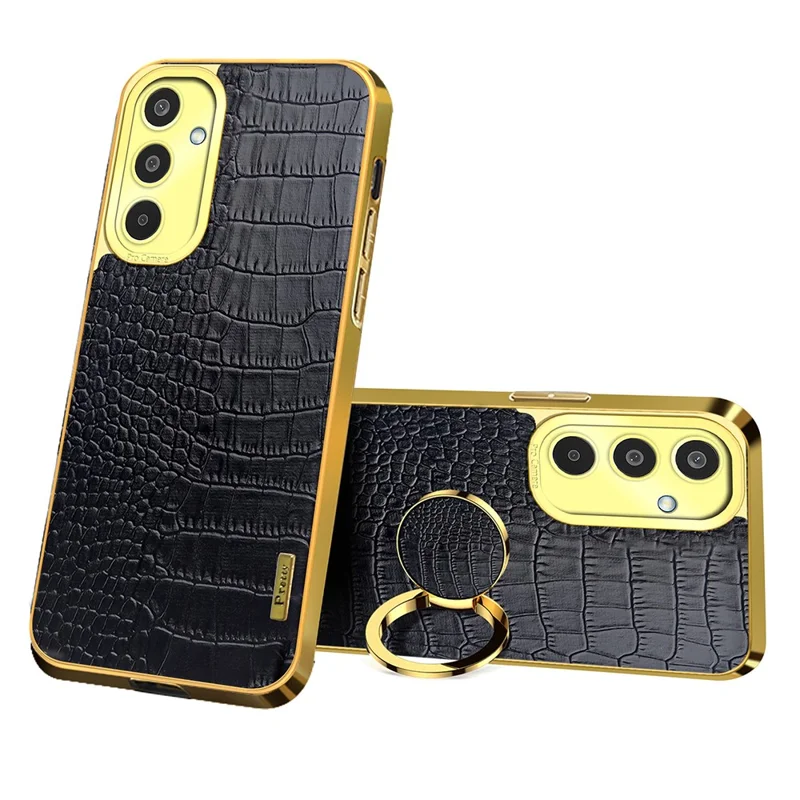 For Samsung Galaxy M35 5G Case Finger Ring Kickstand TPU+Leather 6D Electroplating Phone Cover - Black