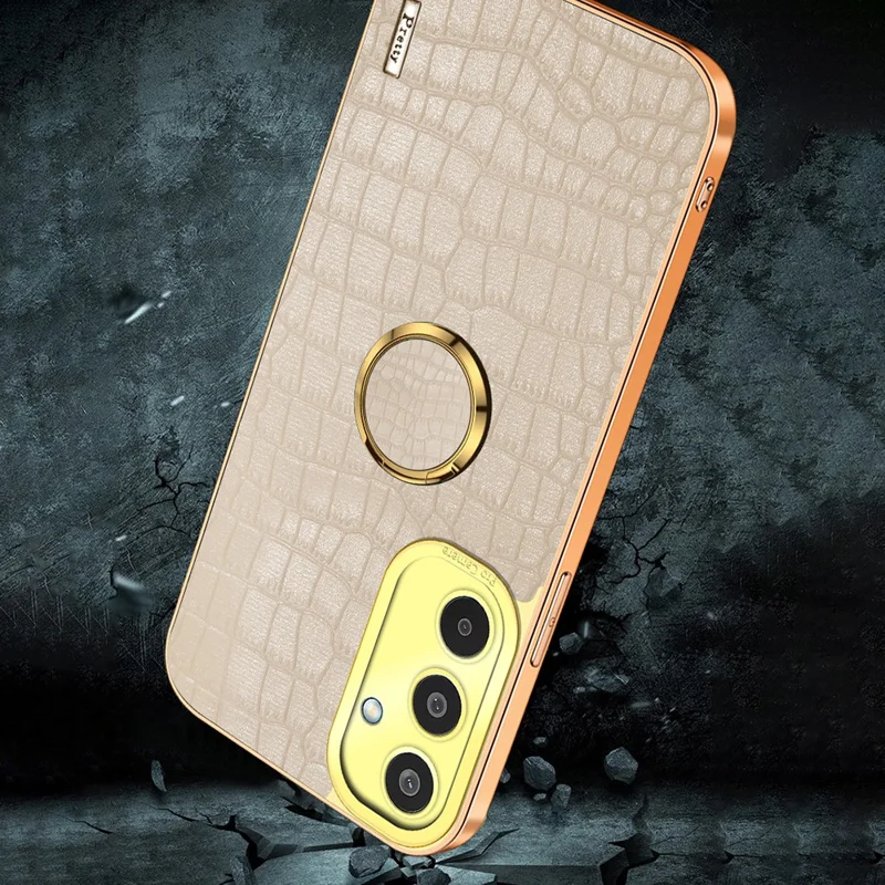 For Samsung Galaxy M35 5G Case Finger Ring Kickstand TPU+Leather 6D Electroplating Phone Cover - Black