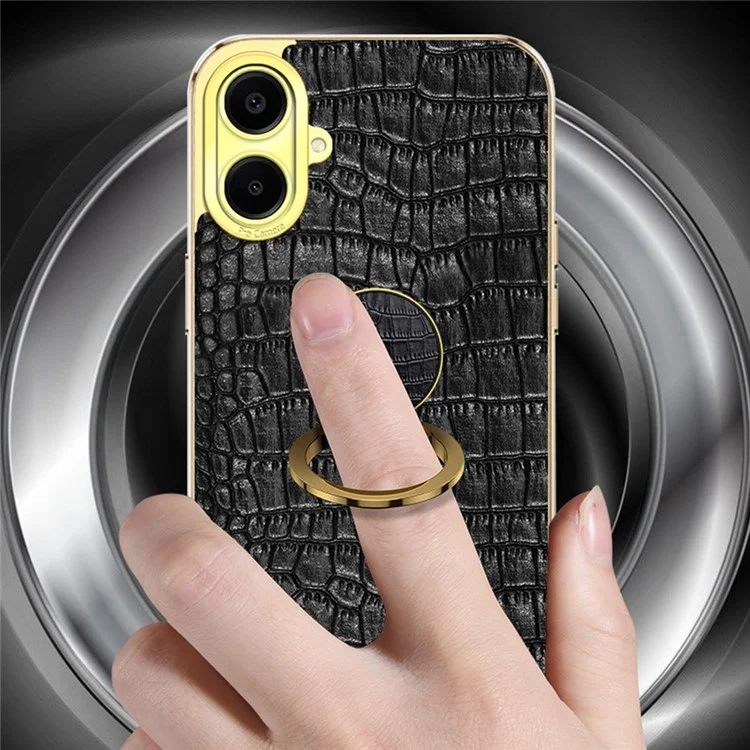 Para Samsung Galaxy A06 Case Ring Finger Kickstand Tpu+cuero 6D Cubierta de Teléfono de Electroplatación - Negro