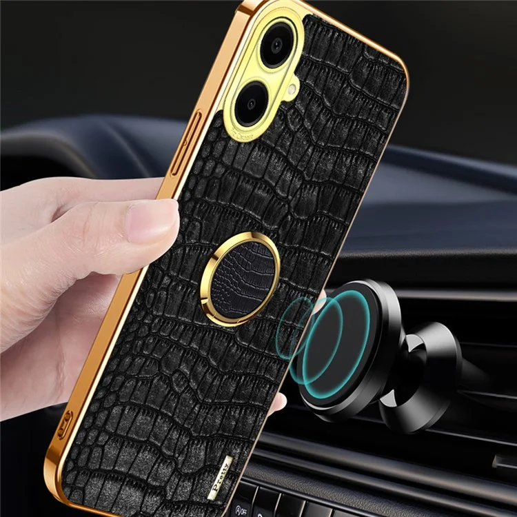Para Samsung Galaxy A06 Case Ring Finger Kickstand Tpu+cuero 6D Cubierta de Teléfono de Electroplatación - Negro