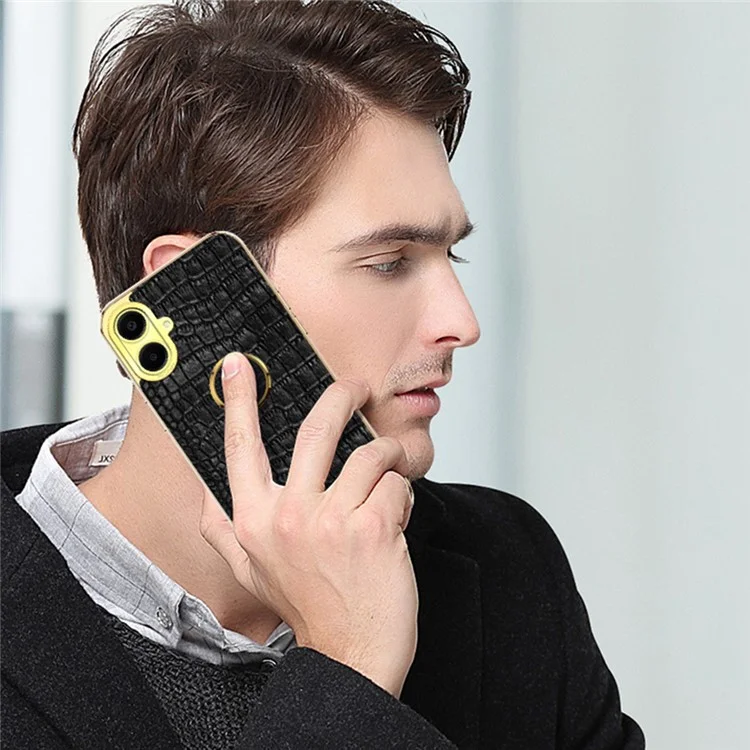 Para Samsung Galaxy A06 Case Ring Finger Kickstand Tpu+cuero 6D Cubierta de Teléfono de Electroplatación - Negro