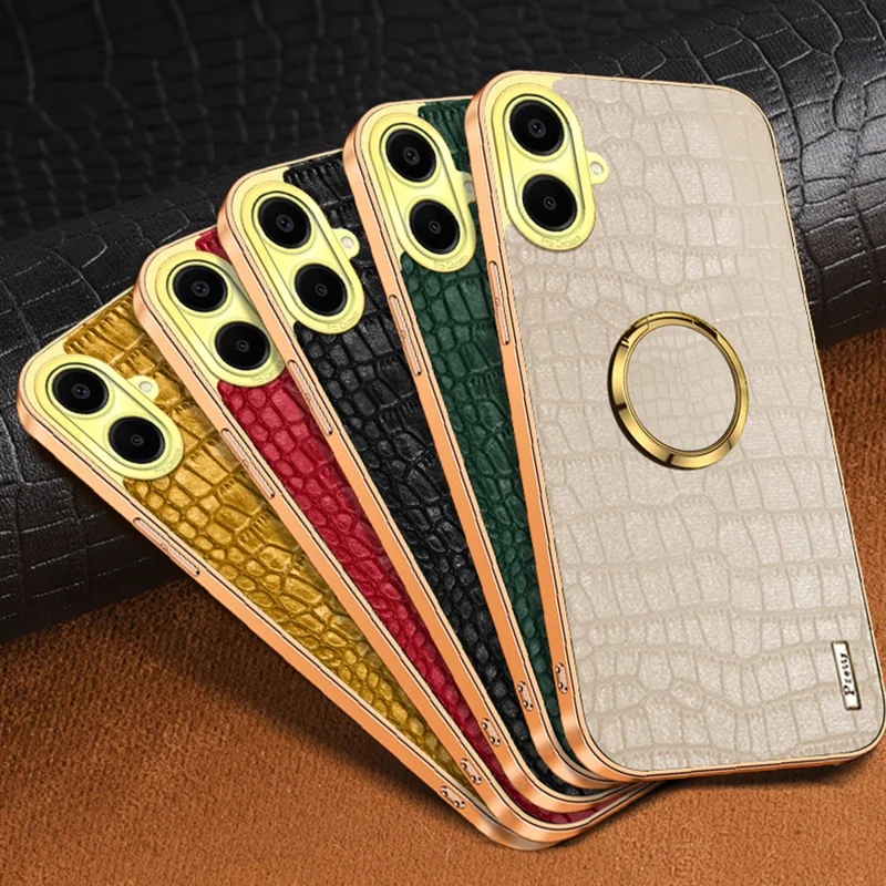 Para Samsung Galaxy A06 Case Ring Finger Kickstand Tpu+cuero 6D Cubierta de Teléfono de Electroplatación - Negro