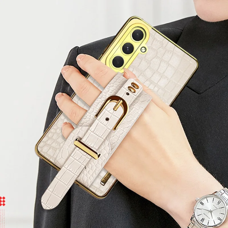 Per Samsung Galaxy S24 fe Case Wristband Kickstand PU Leather+TPU 6D Electroplating Telefono - Bianco
