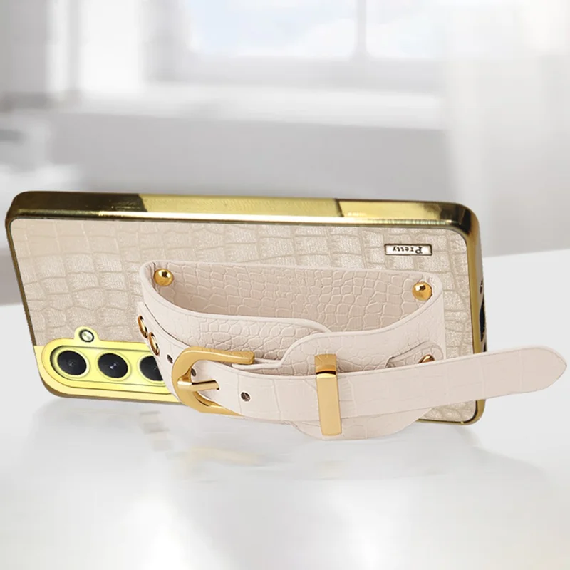 Per Samsung Galaxy S24 fe Case Wristband Kickstand PU Leather+TPU 6D Electroplating Telefono - Bianco