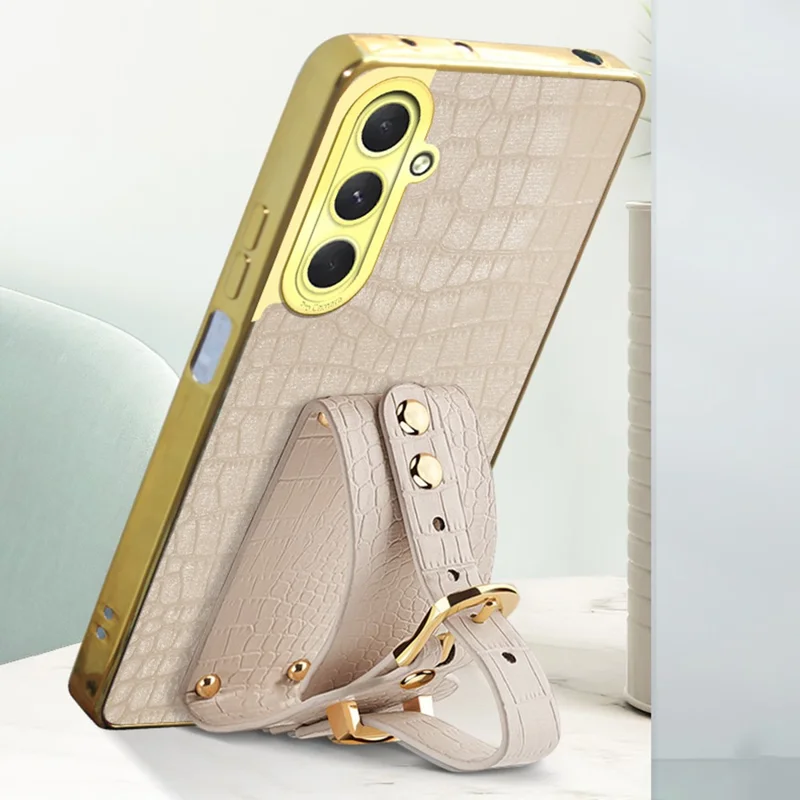 Per Samsung Galaxy S24 fe Case Wristband Kickstand PU Leather+TPU 6D Electroplating Telefono - Bianco