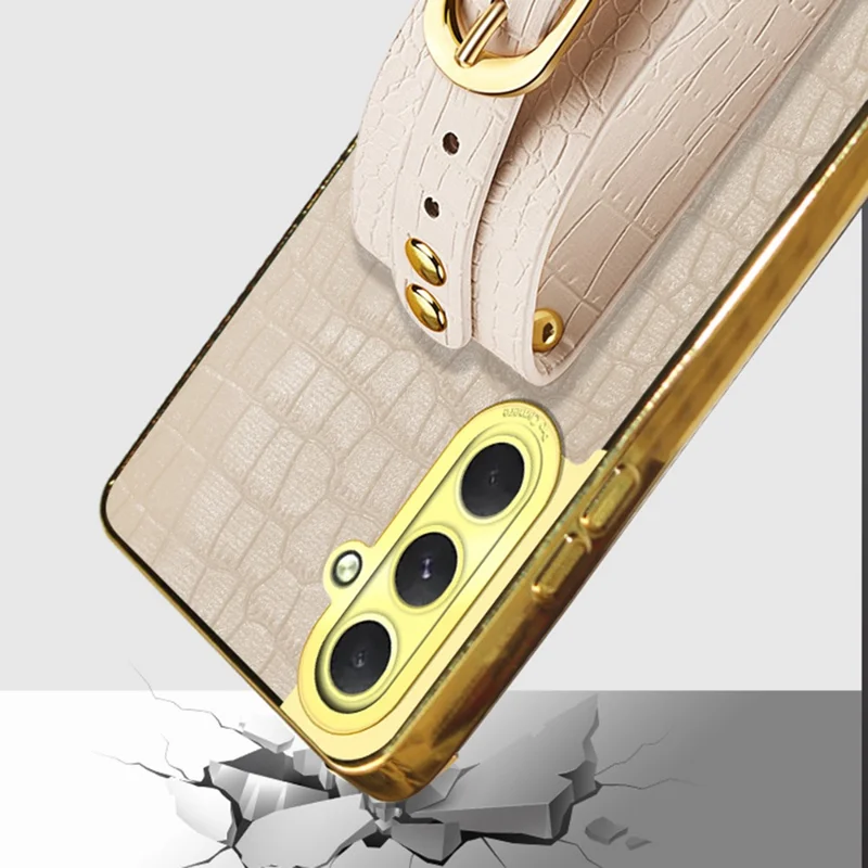 Per Samsung Galaxy S24 fe Case Wristband Kickstand PU Leather+TPU 6D Electroplating Telefono - Bianco