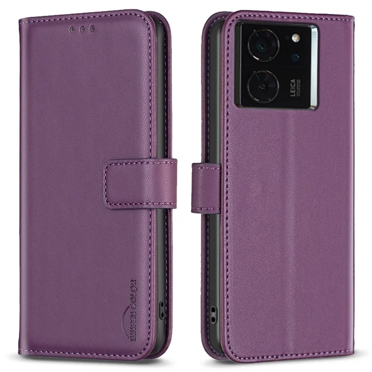 BINFEN COLOR BF17 For Xiaomi 14T Pro Case Wallet Folio Flip Leather Cover - Dark Purple